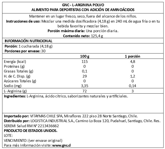 GNC BR ARGININA POLVO 3 GR, 30 SERVIDAS