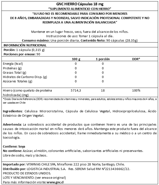 GNC - HIERRO 18MG QUELADO, 90 COMPRIMIDOS