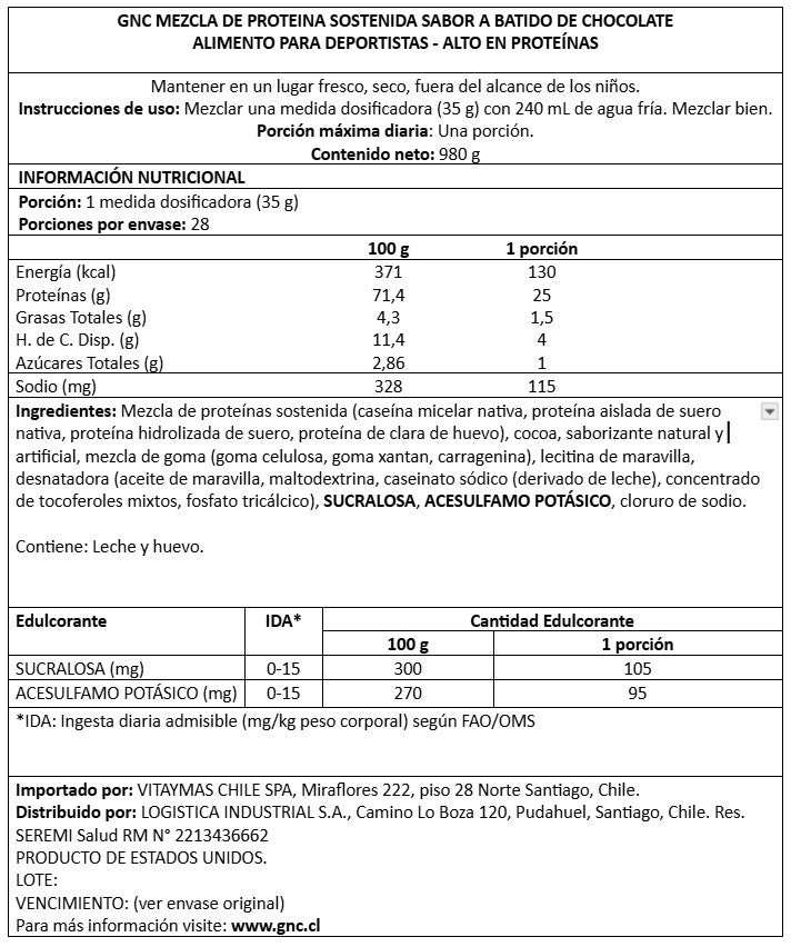 GNC AMP SUSTAINED PROTEIN CHOCOLATE MILKSHAKE, 28 SERVIDAS
