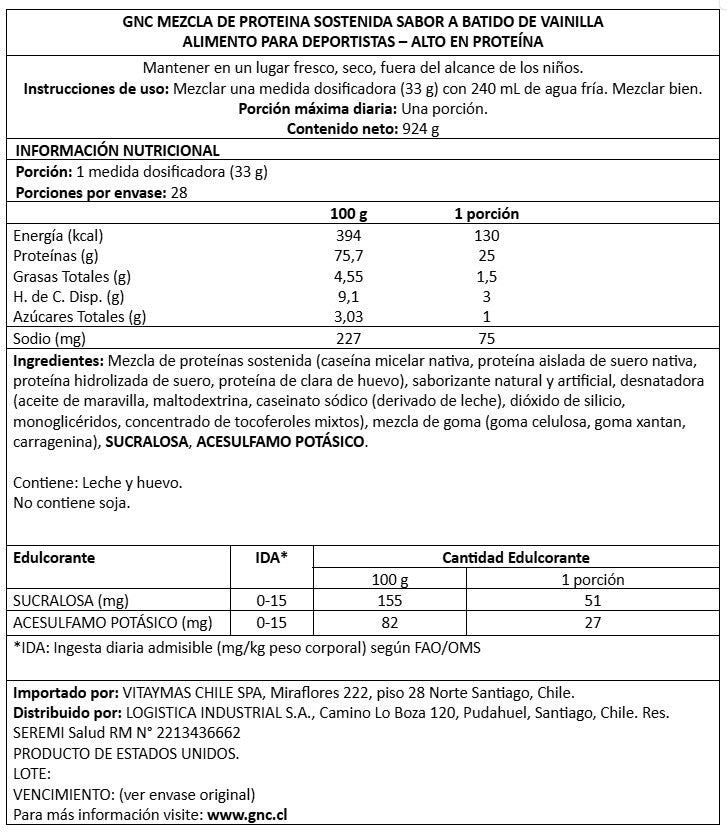 GNC AMP SUSTAINED PROTEIN VAINILLA MILKSHAKE, 28 SERVIDAS