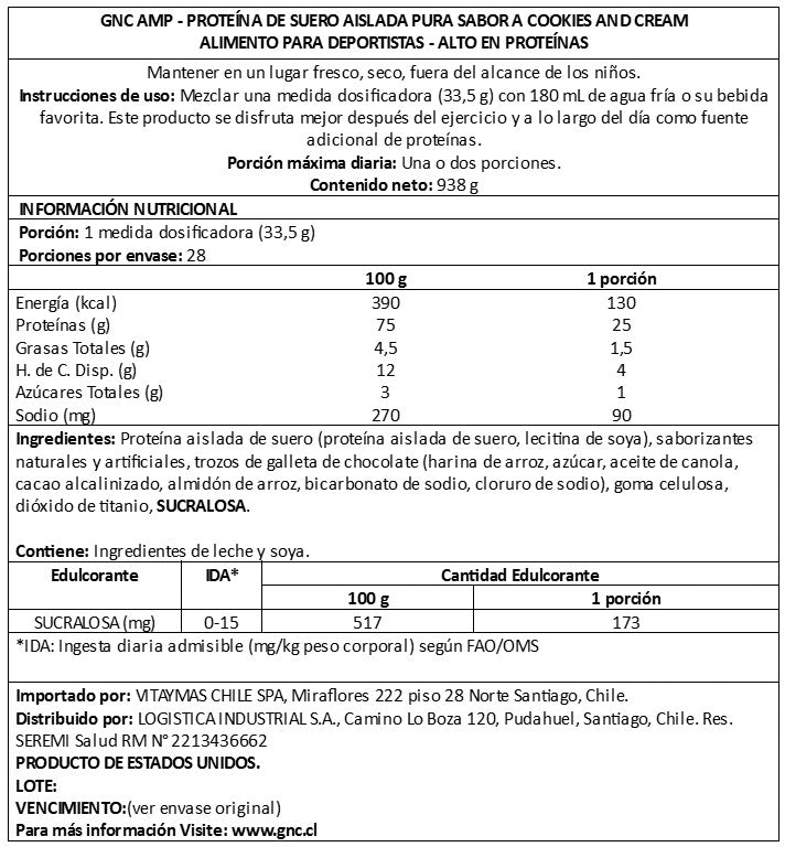 GNC AMP PURE ISOLATE GALLETAS Y CREMA, 28 SERVIDAS