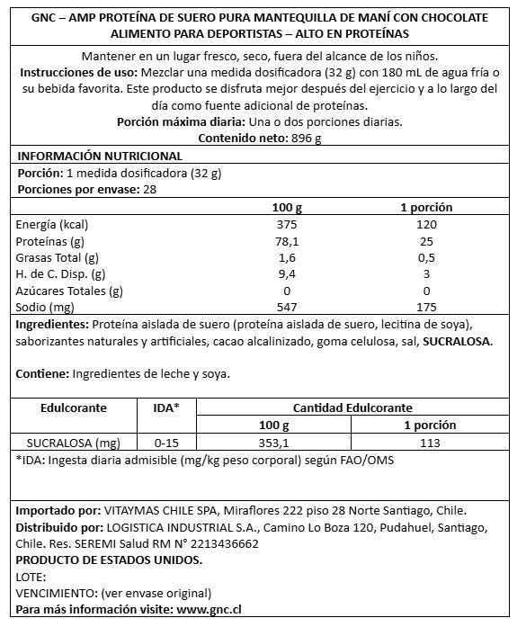 GNC AMP PURE ISOLATE CHOCOLATE MANTEQUILLA DE MANÍ 28 SERVS