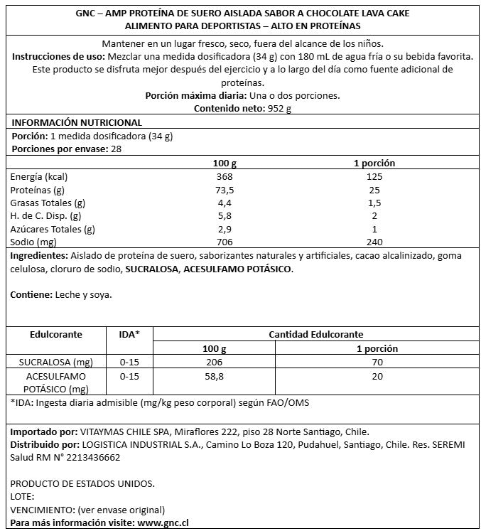 GNC AMP PURE ISOLATE CHOCOLATE LAVA CAKE, 28 SERVIDAS