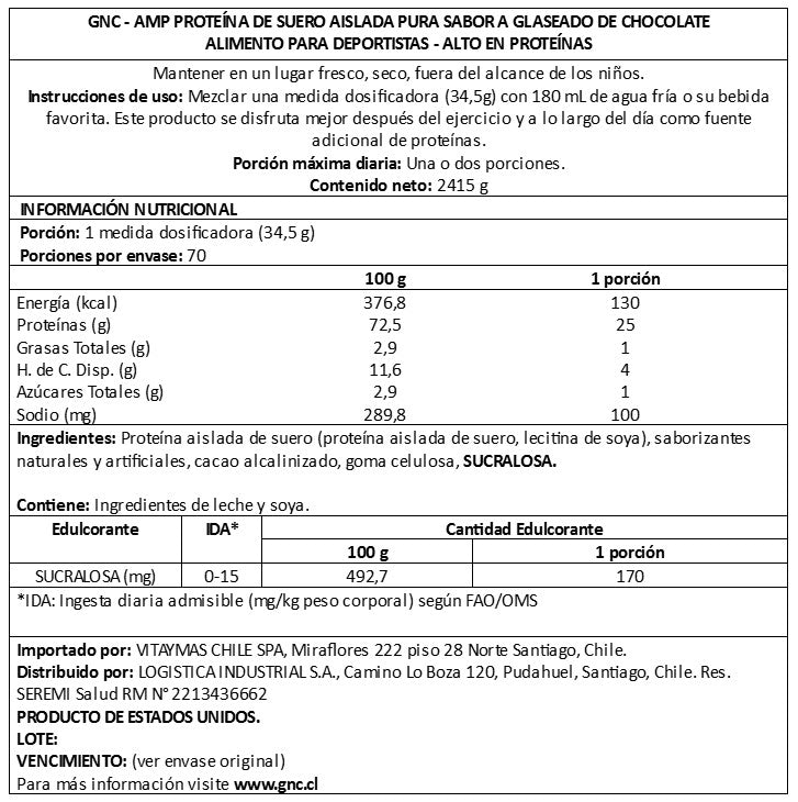 GNC AMP PURE ISOLATE CHOCOLATE, 70 SERVIDAS