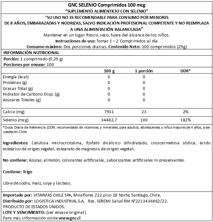 GNC - SELENIO 100 MCG, 100 COMPRIMIDOS