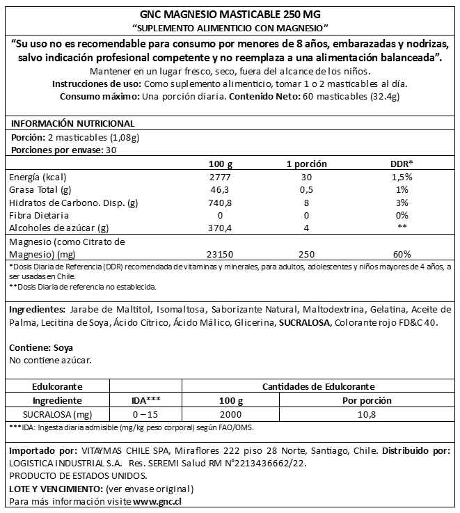 GNC MAGNESIO 250 MG, 60 MASTICABLES