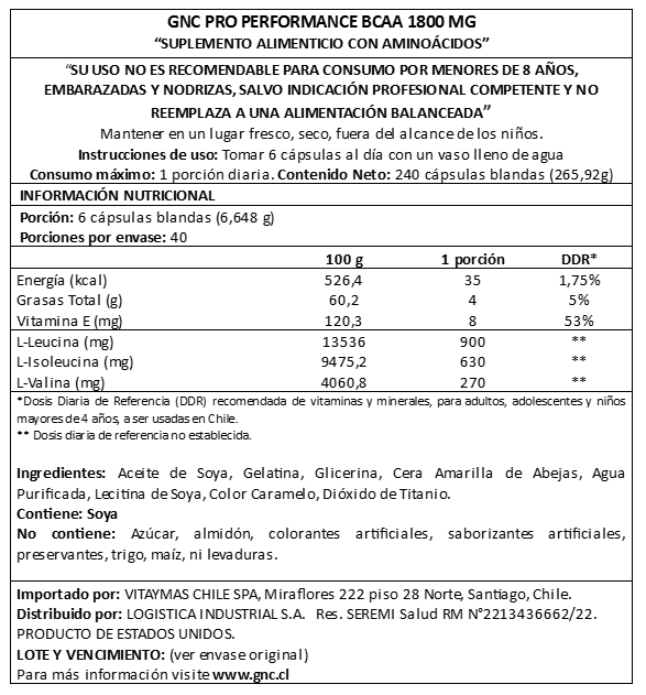 GNC PRO PERFORMANCE - BCAA AMINO 1800MG, 240 CAPS.