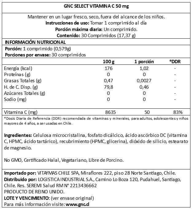 GNC SELECT - VITAMIN C 50 MG, 30 COMP.