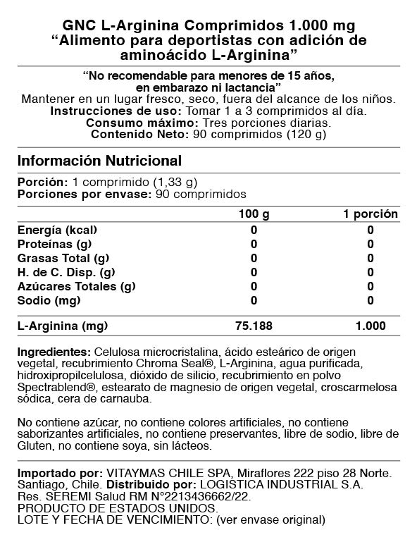 GNC - L-ARGININA 1000MG, 90 COMPRIMIDOS