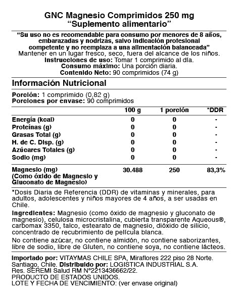 GNC - MAGNESIO 250MG, 90 COMPRIMIDOS