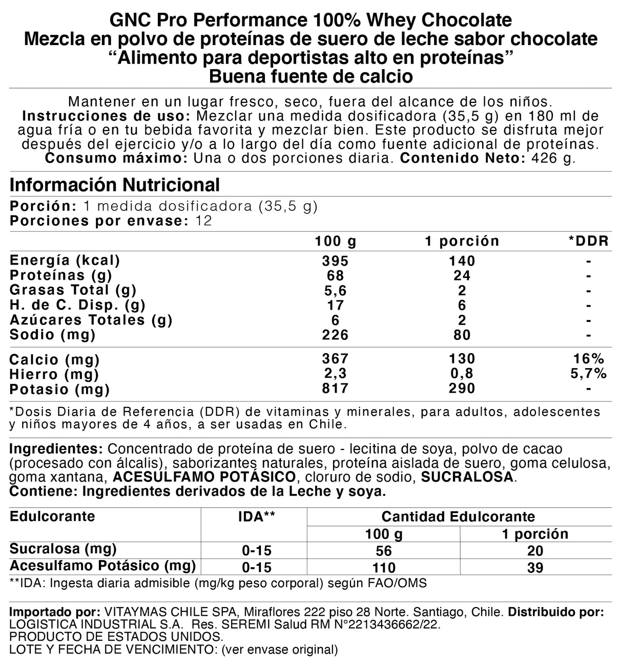 GNC - BATIDO DE PROTEINA (SUERO DE LECHE) CHOCOLATE, 12 SRVS