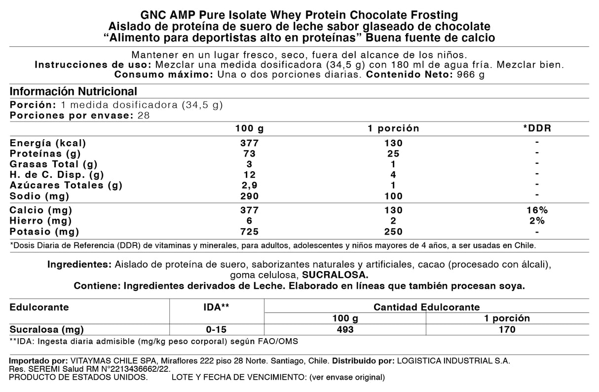 GNC AMP - PURE ISOLATE CHOCOLATE, 28 SERVICIOS (2.13 LBS)