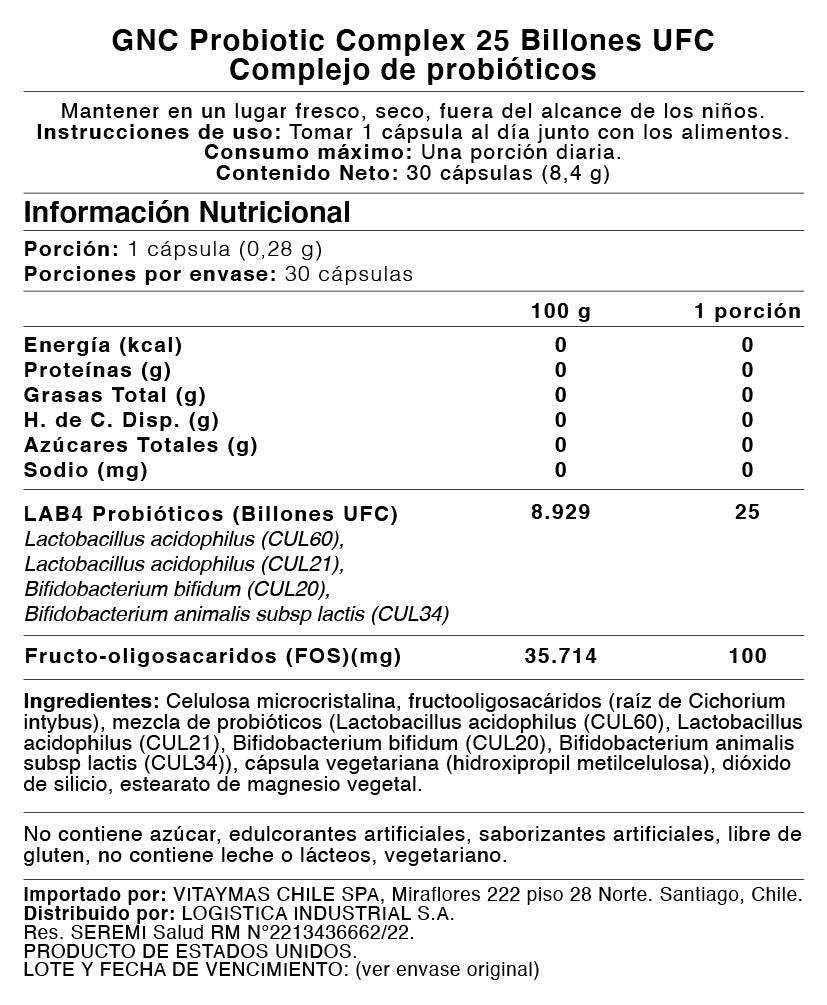 GNC - PROBIOTIC COMPLEX 25 BILLONES UFC, 30 CAPSULAS