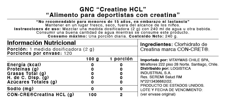 GNC BR - CREATINA CLORHIDRATO, 120 SERVINGS, 240 GRS