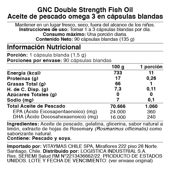 GNC DOBLE FUERZA, ACEITE DE PESCADO OMEGA 3, 90 CAPSULAS