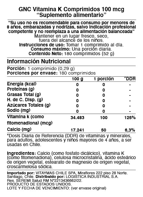 GNC - VITAMINA K, 100MCG, 180 COMPRIMIDOS